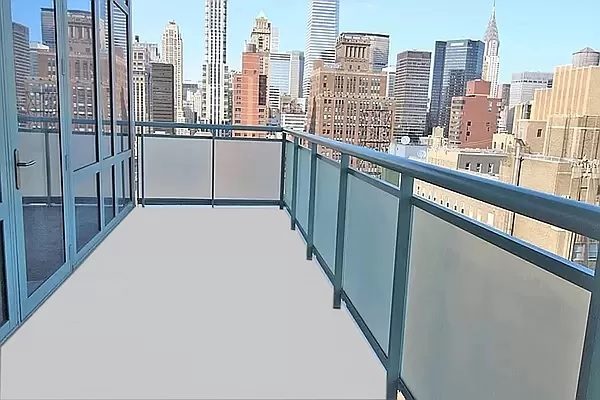 Nice photo of the large balcony of apartment 27C at 325 Fifth Avenue, showing the skylight of midtown.