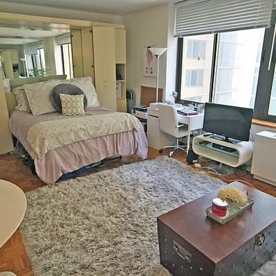 Photo of the living room showing the murphy bed openned.