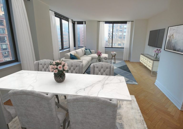 Nice picture of the living room of apartment 14A at 2 Columbus Avenue, shwoing big windows, dinner table, sofa and TV.